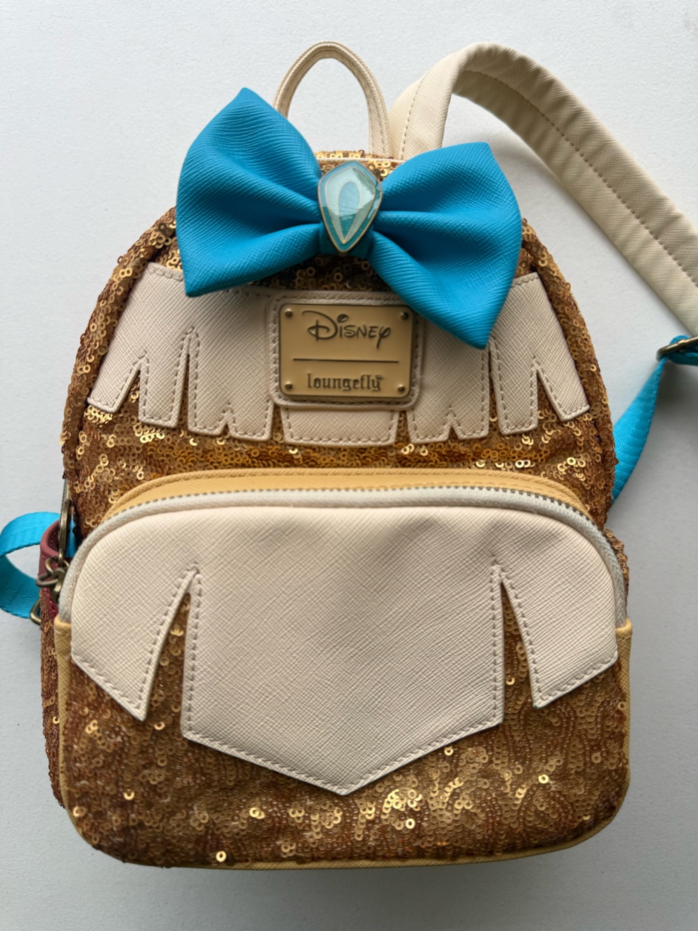 Loungefly Princess Pocahontas Gold Sequin Mini Backpack with Turquoise Bow